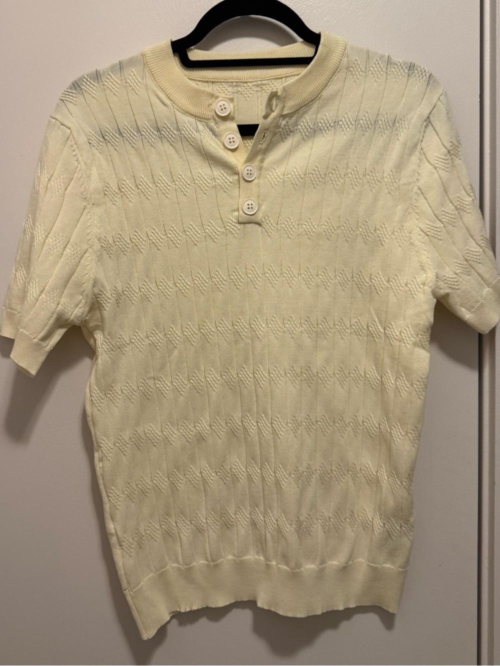 Sheik Men’s Small Ivory Textured Knit Henley Short Sleeve Sweater Polo Top NWOT